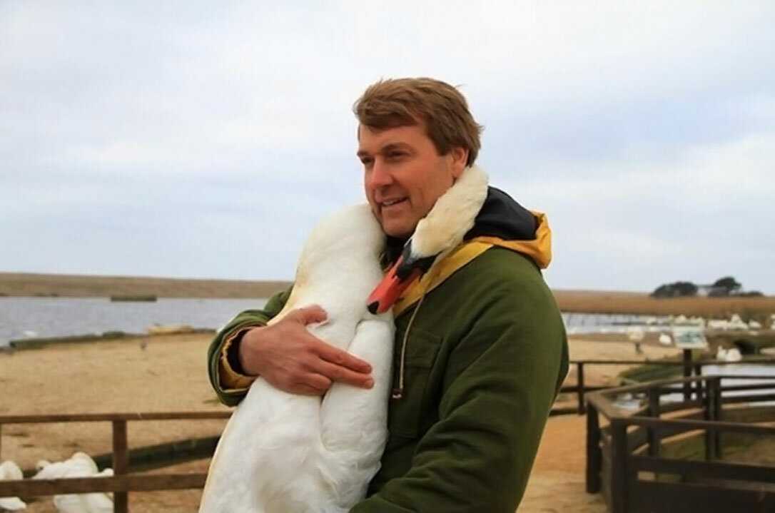 Ричард Визе обнимается с лебедем