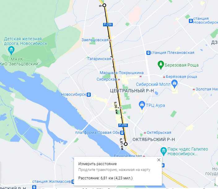Скрин с моего компьютера. Карта Новосибирска. И расстояние по прямой от одного конца Красного проспекта до другого. Гугл карты.